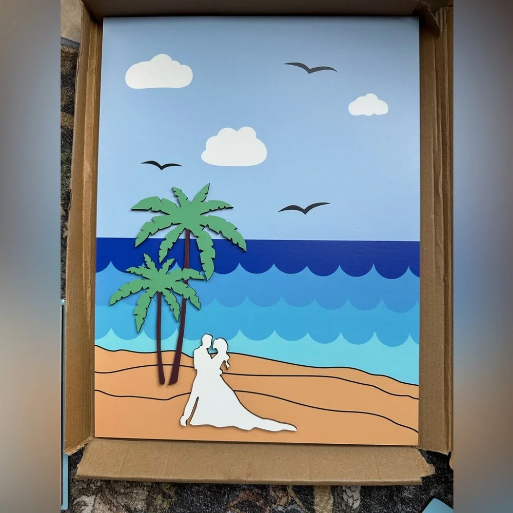 Beach Wedding Wooden Guestbook Sign Set – Frame, Hearts, Stand – New